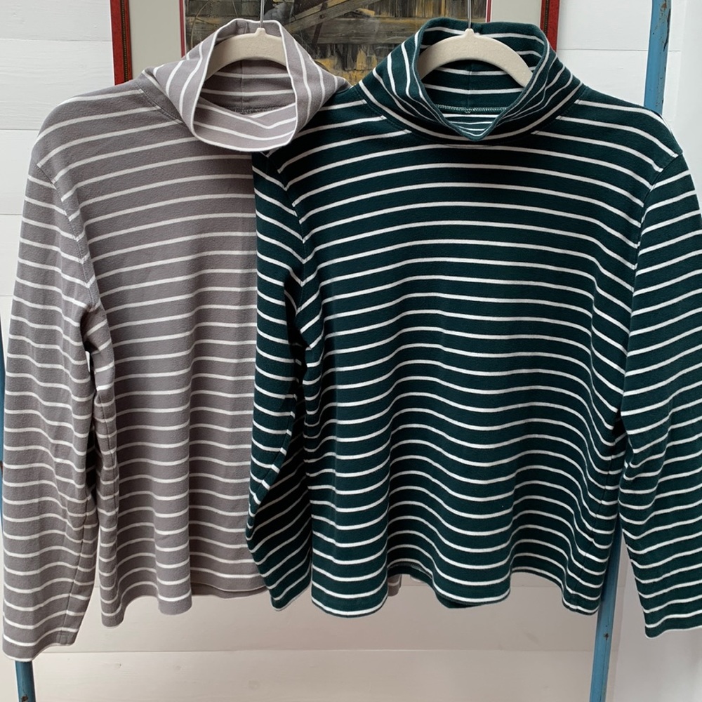 Lands’ End 2 Striped Cotton Turtlenecks Mock Neck Tops